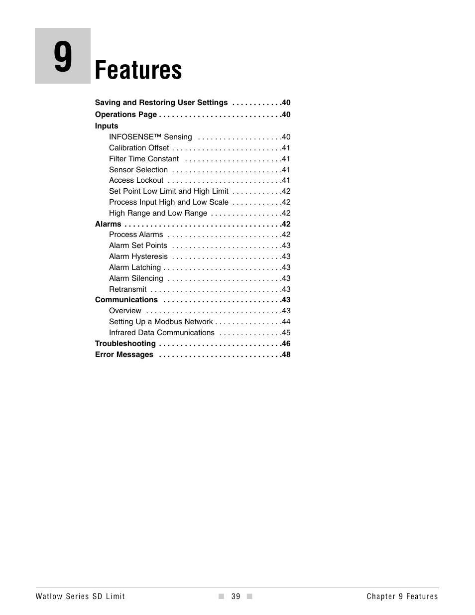Chapter 9, Features, Chapter 9: features | Watlow Series SD Limit User Manual | Page 41 / 60