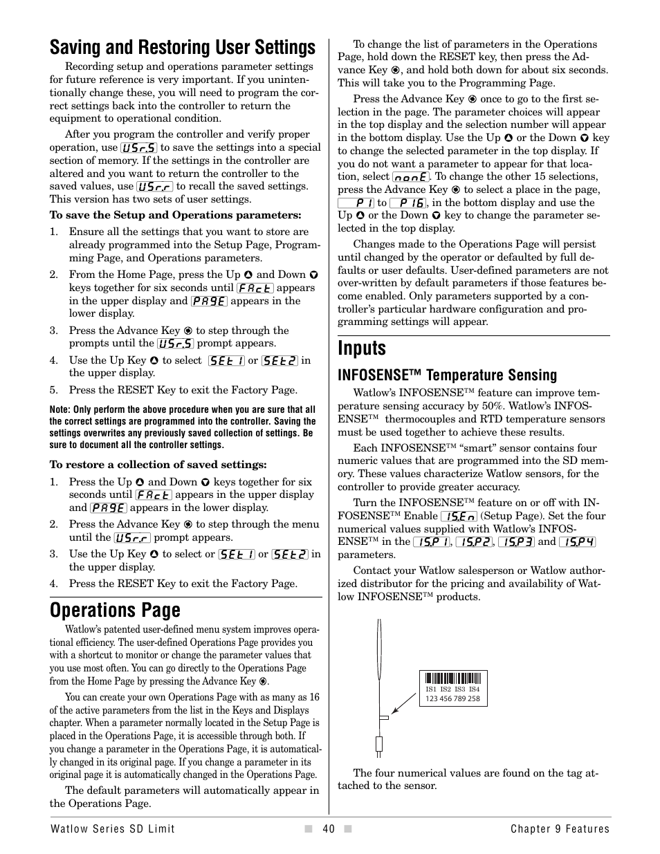 Saving and restoring user settings, Inputs, Saving and restoring user setings | Infosense™ sensing, Operations page, Infosense™ temperature sensing | Watlow Series SD Limit User Manual | Page 42 / 60