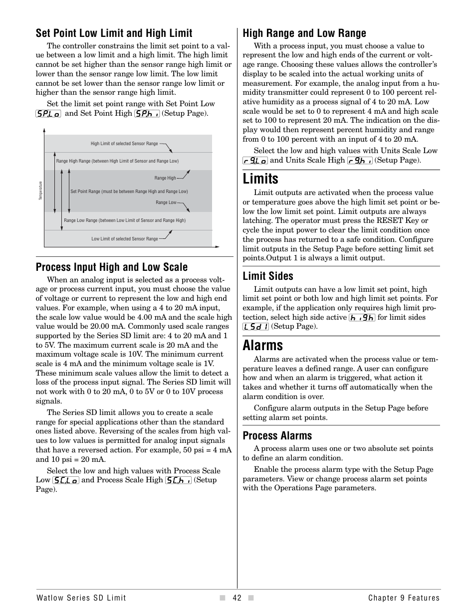 Limits, Alarms, Set point low limit and high limit | Process input high and low scale, High range and low range, Process alarms, Limit sides | Watlow Series SD Limit User Manual | Page 44 / 60