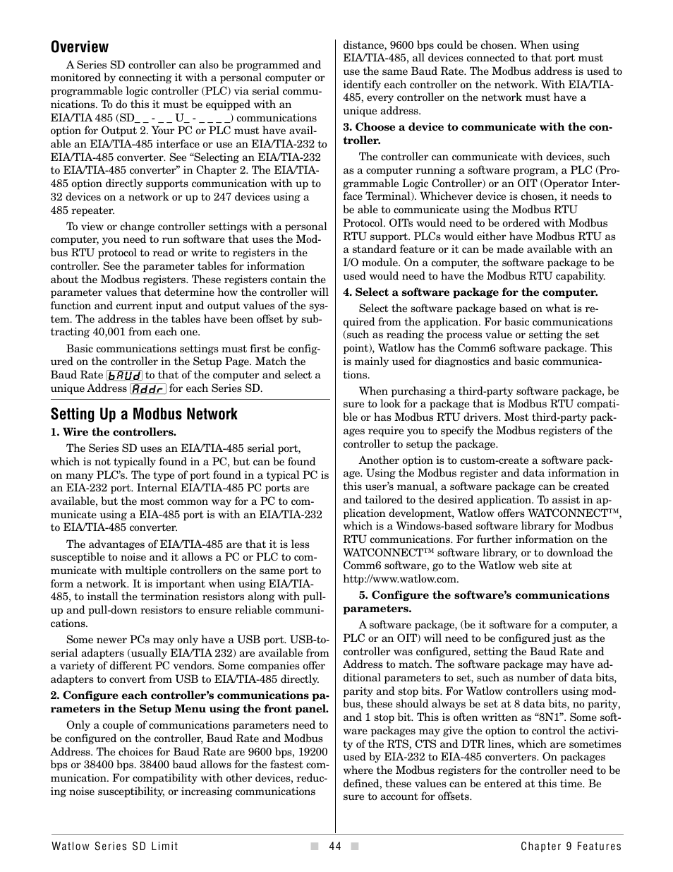 Overview, Setting up a modbus network | Watlow Series SD Limit User Manual | Page 46 / 60