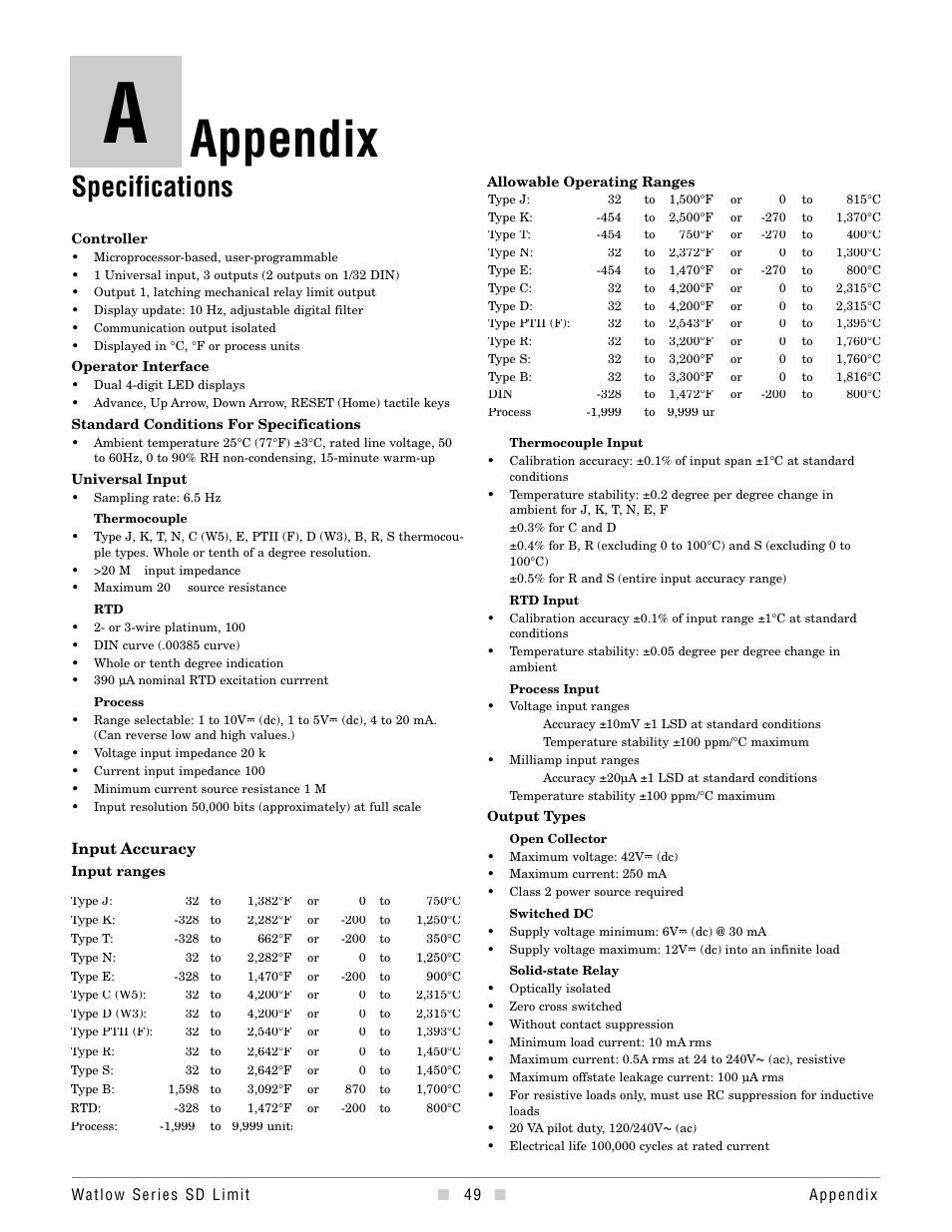 Appendix, Specifications | Watlow Series SD Limit User Manual | Page 51 / 60