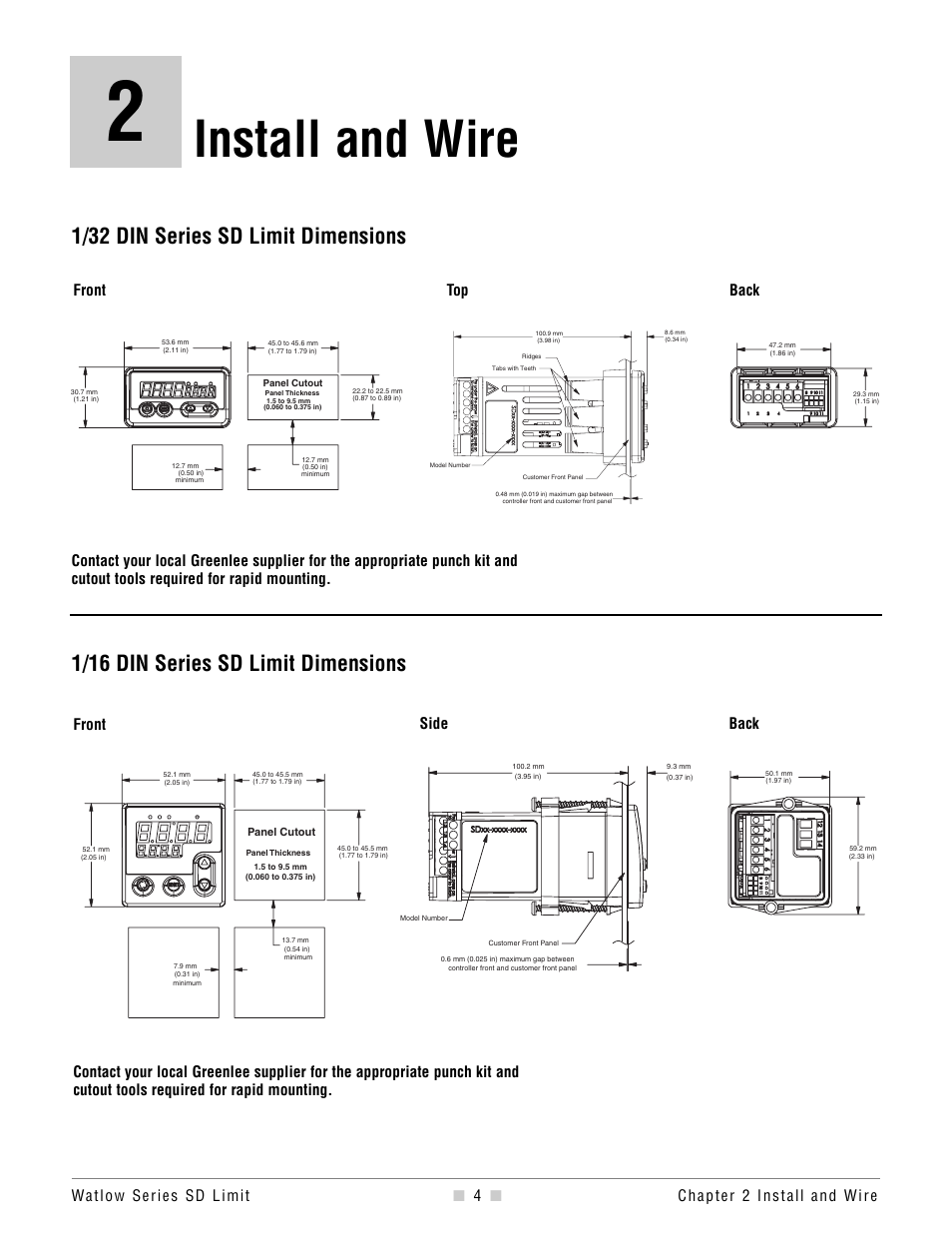 Chapter 2, Install and wire, Chapter 2: install and wire | Dimensions, 1/16 din series sd limit dimensions, 1/32 din series sd limit dimensions, Front side back | Watlow Series SD Limit User Manual | Page 6 / 60