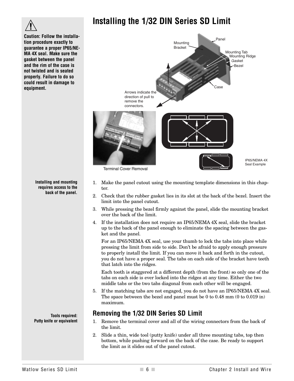 Installing the 1/32, Installation, Installing the 1/32 din series sd limit | Removing the 1/32 din series sd limit | Watlow Series SD Limit User Manual | Page 8 / 60