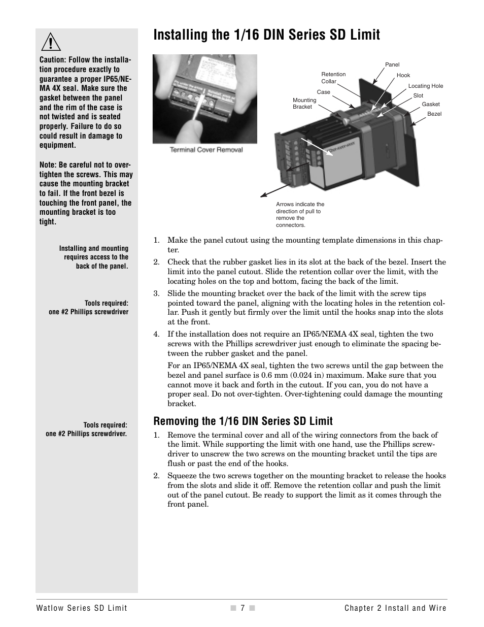 Insatlling the 1/16, Installing the 1/16 din series sd limit, Removing the 1/16 din series sd limit | Watlow Series SD Limit User Manual | Page 9 / 60