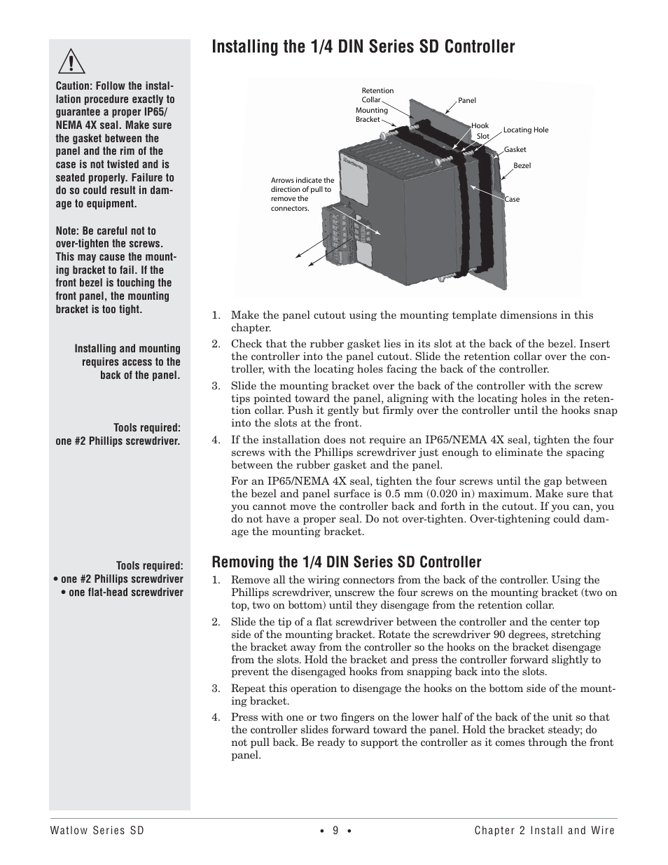 Installing the 1/4 din series sd controller, Removing the 1/4 din series sd controller | Watlow Series SD PID Profiling Controller User Manual | Page 11 / 88