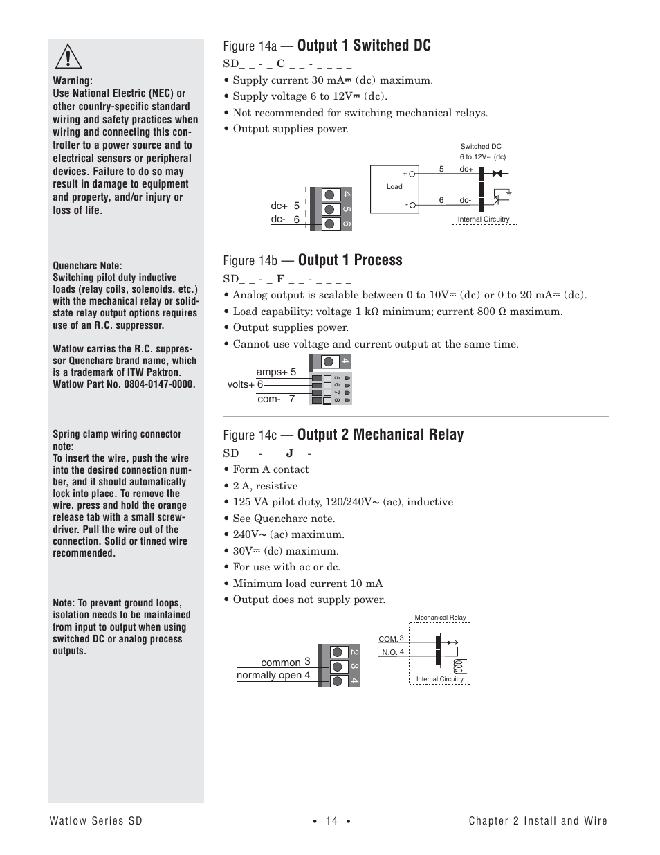 Output 1 switched dc, Output 1 process, Output 2 mechanical relay | Figure 14a, Figure 14b, Figure 14c | Watlow Series SD PID Profiling Controller User Manual | Page 16 / 88