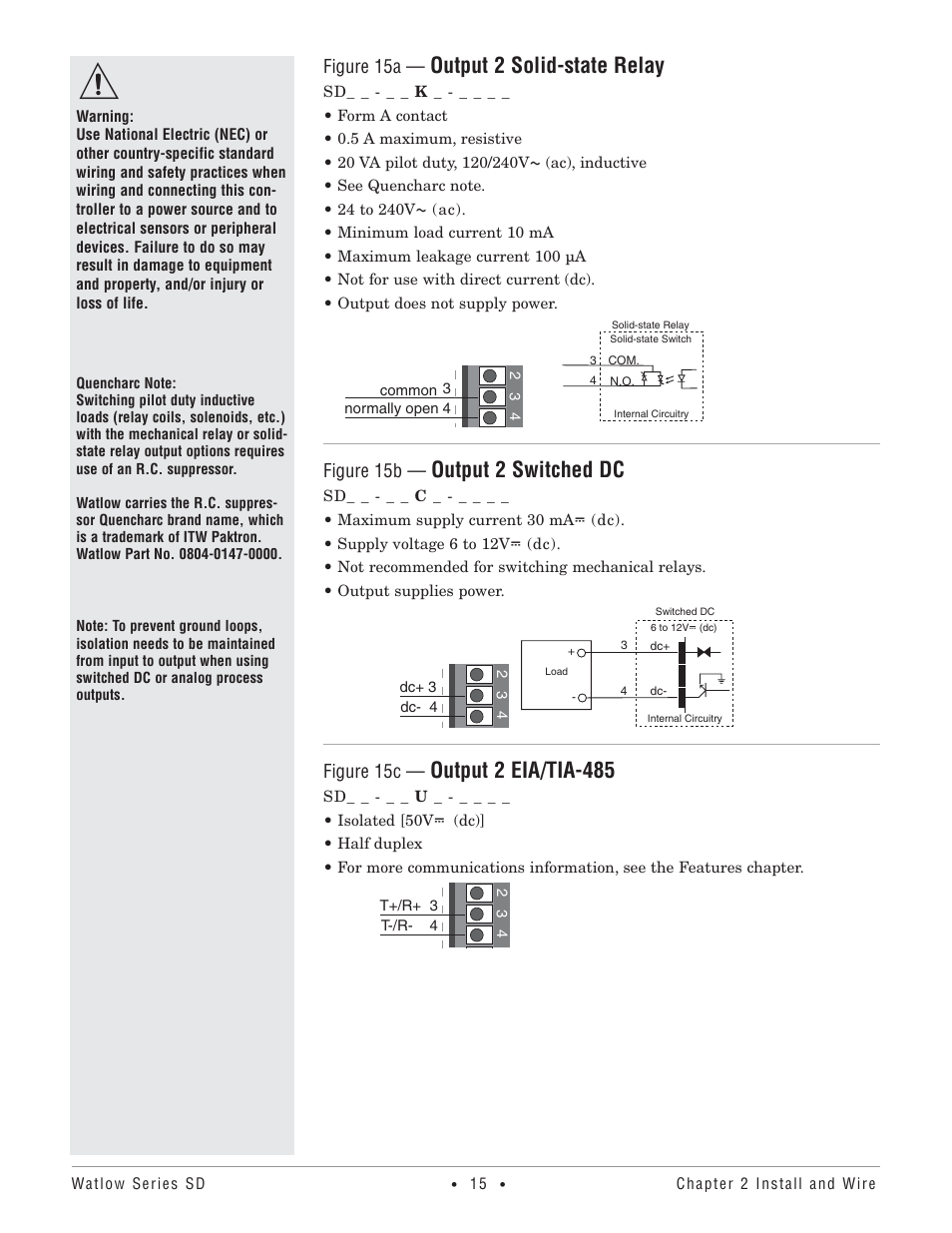 Output 2 solid-state relay, Output 2 switched dc, Output 2 eia/tia-485 | Figure 15a, Figure 15b, Figure 15c | Watlow Series SD PID Profiling Controller User Manual | Page 17 / 88