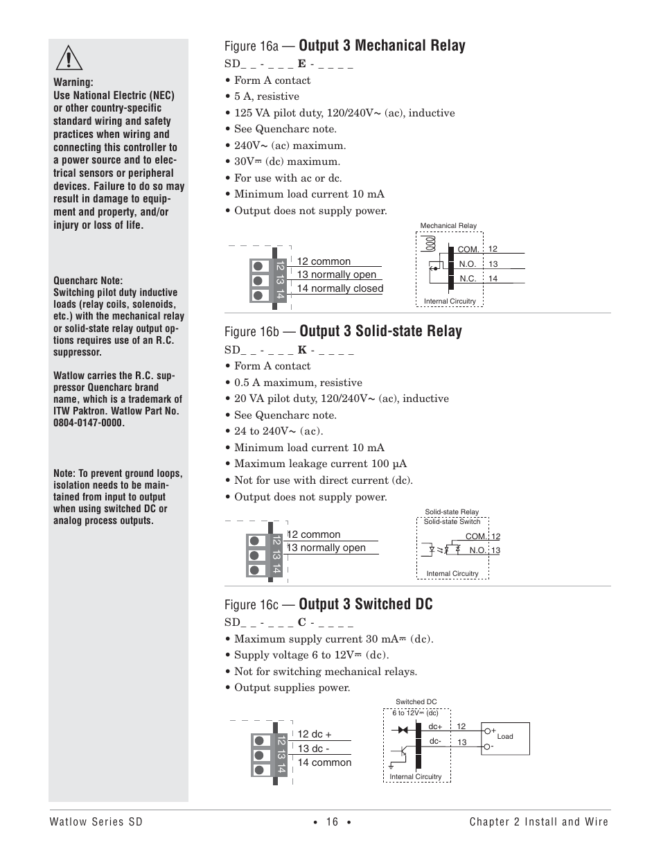 Output 3 mechanical relay, Output 3 solid-state relay, Output 3 switched dc | Figure 16a, Figure 16b, Figure 16c | Watlow Series SD PID Profiling Controller User Manual | Page 18 / 88