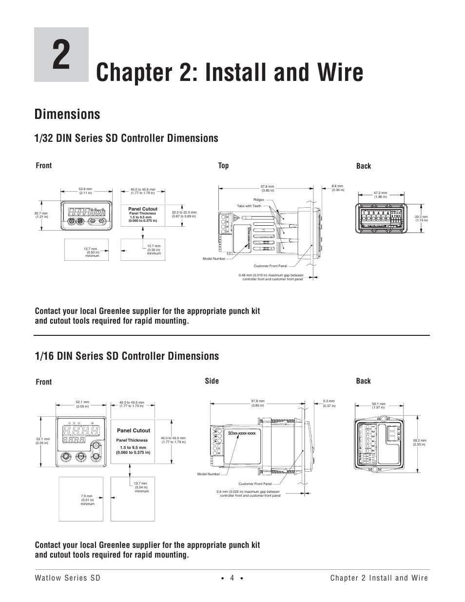 Chapter 2: install and wire, Dimensions, 1/16 din series sd controller dimensions | 1/32 din series sd controller dimensions, Front side back, Front top back | Watlow Series SD PID Profiling Controller User Manual | Page 6 / 88