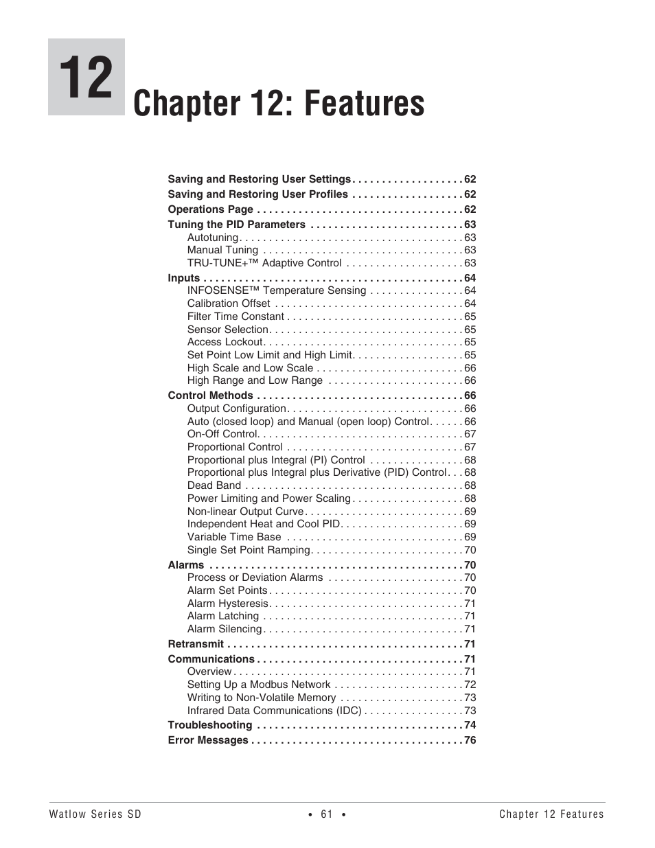 Chapter 12: features | Watlow Series SD PID Profiling Controller User Manual | Page 63 / 88