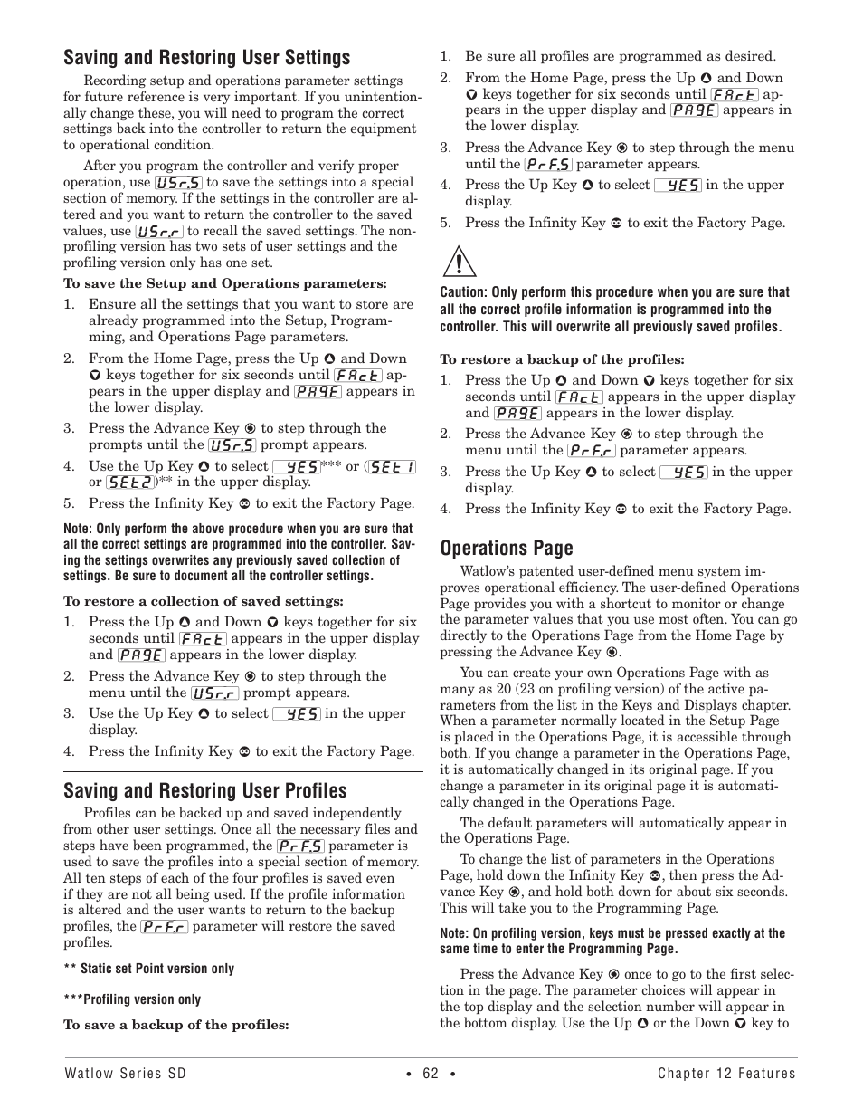 Saving and restoring user settings, Saving and restoring user profiles, Operations page | Watlow Series SD PID Profiling Controller User Manual | Page 64 / 88