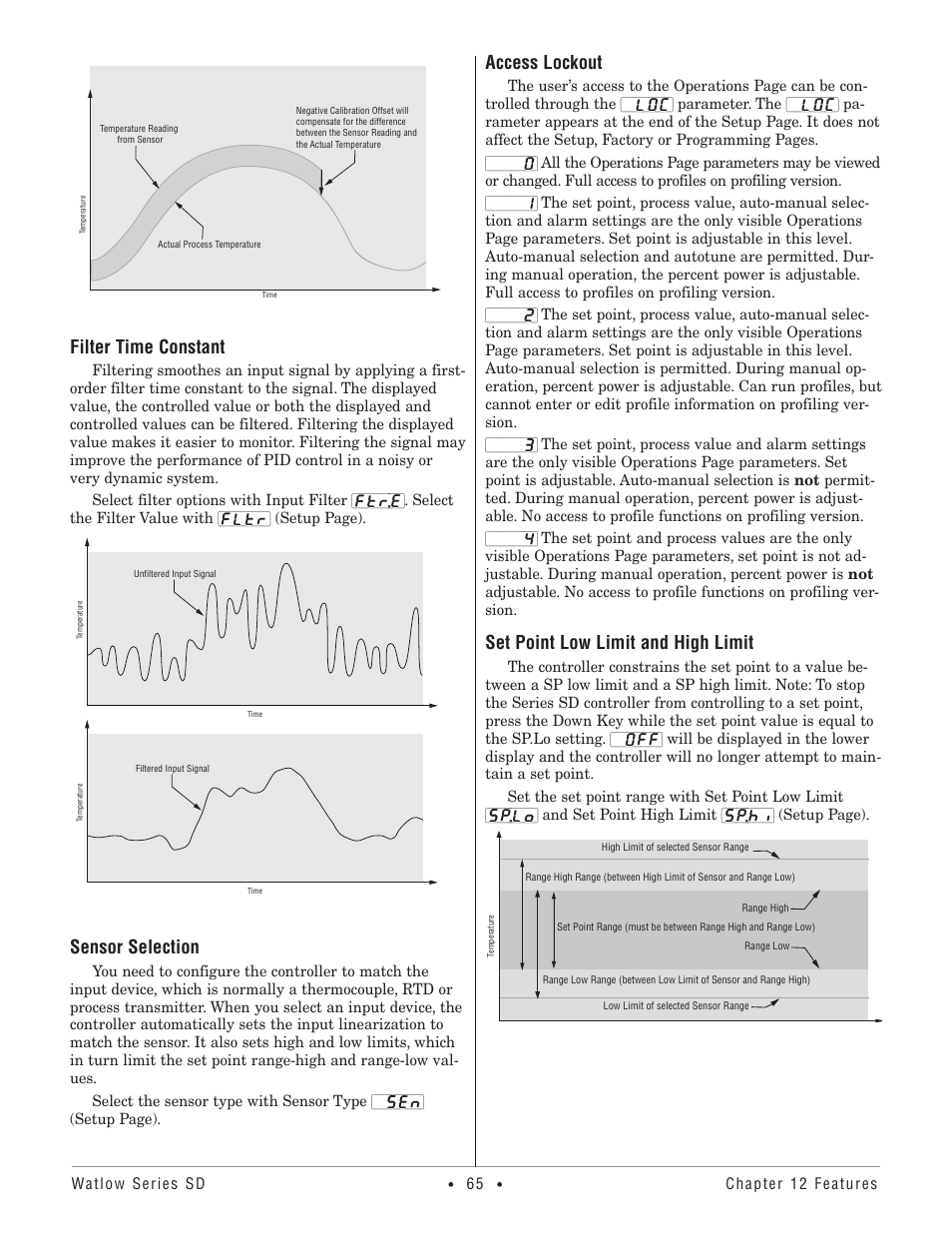 Filter time constant, Sensor selection, Access lockout | Set point low limit and high limit | Watlow Series SD PID Profiling Controller User Manual | Page 67 / 88