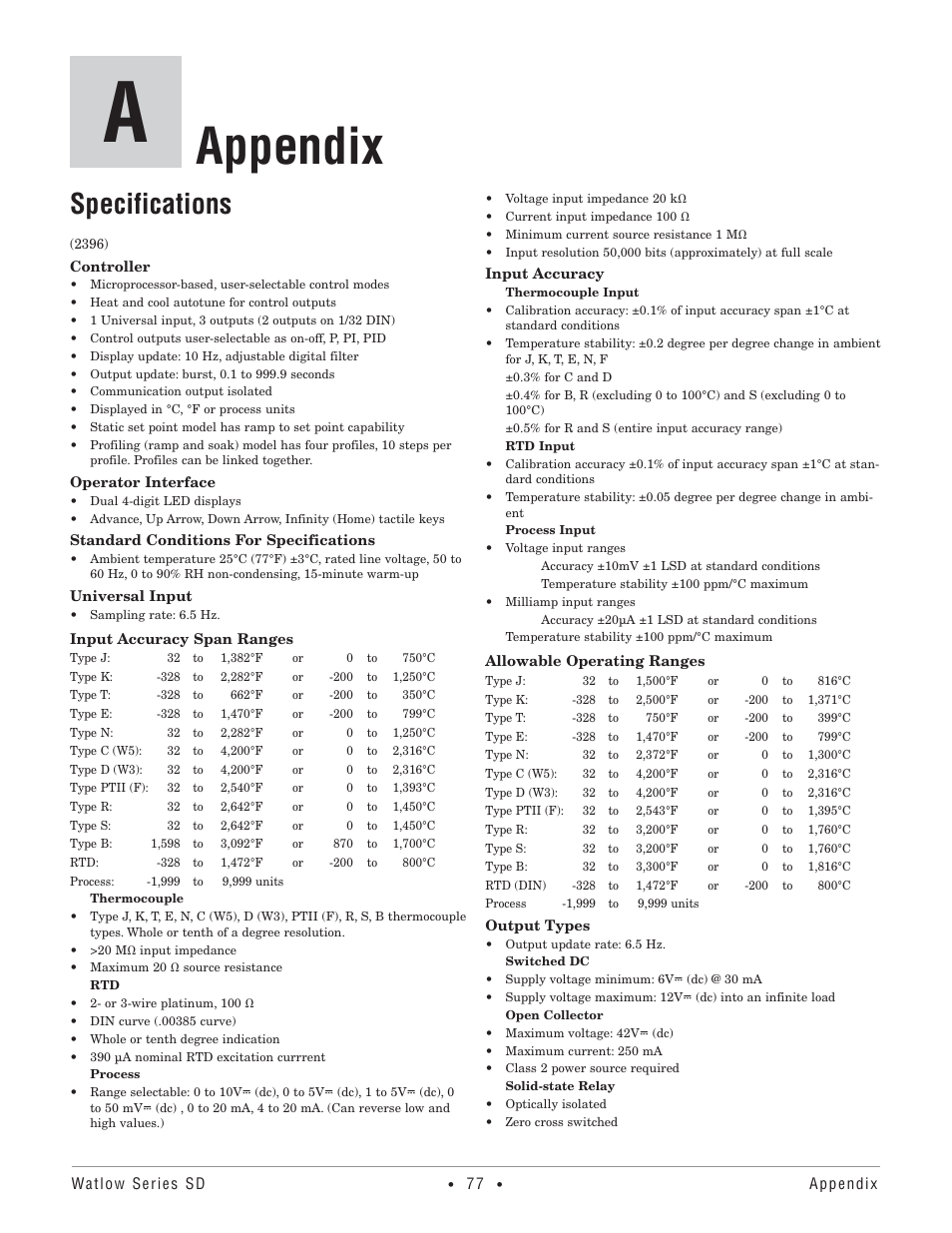 Appendix, Specifications | Watlow Series SD PID Profiling Controller User Manual | Page 79 / 88