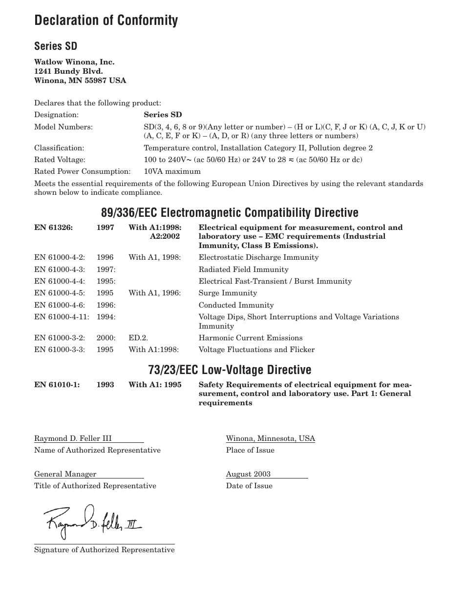 Declaration of conformity, 73/23/eec low-voltage directive, Series sd | Watlow Series SD PID Profiling Controller User Manual | Page 87 / 88