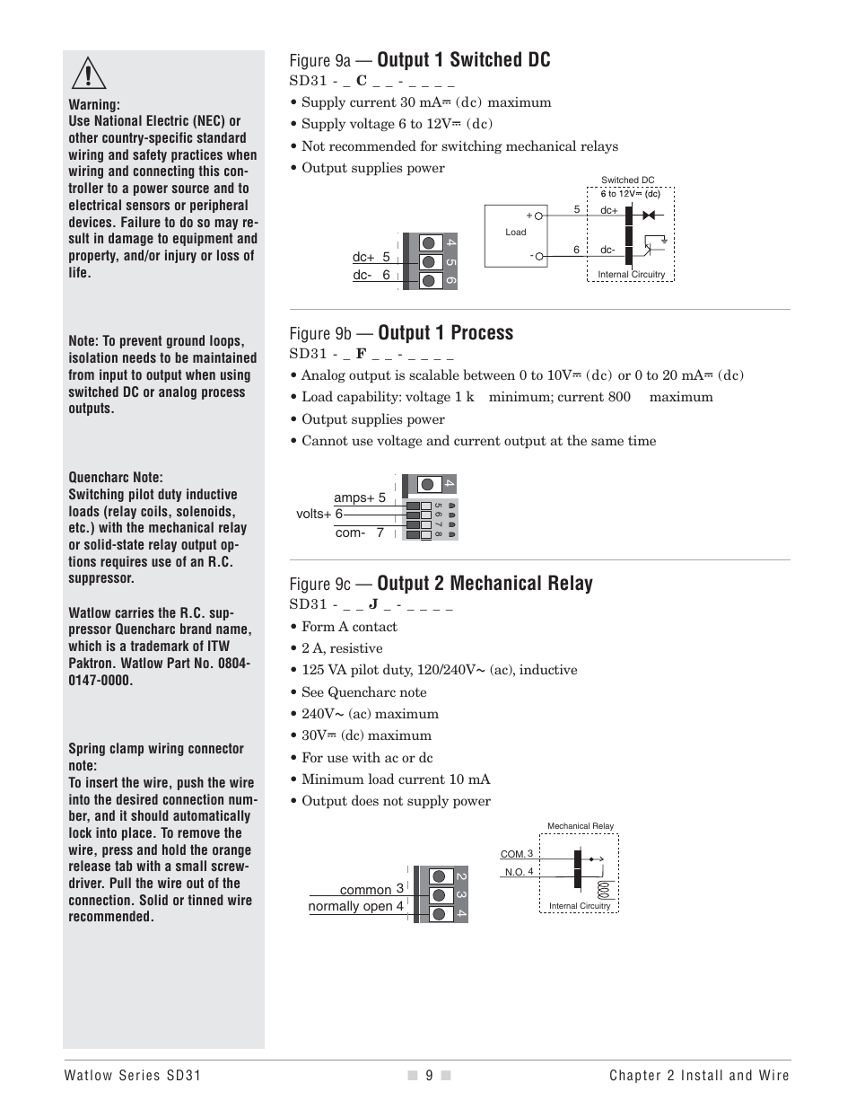 Output 1 switched dc, Output 1 process, Output 2 mechanical relay | Figure 9a, Figure 9b, Figure 9c | Watlow Series SD31 PID with Optional Countdown Timer User Manual | Page 11 / 72