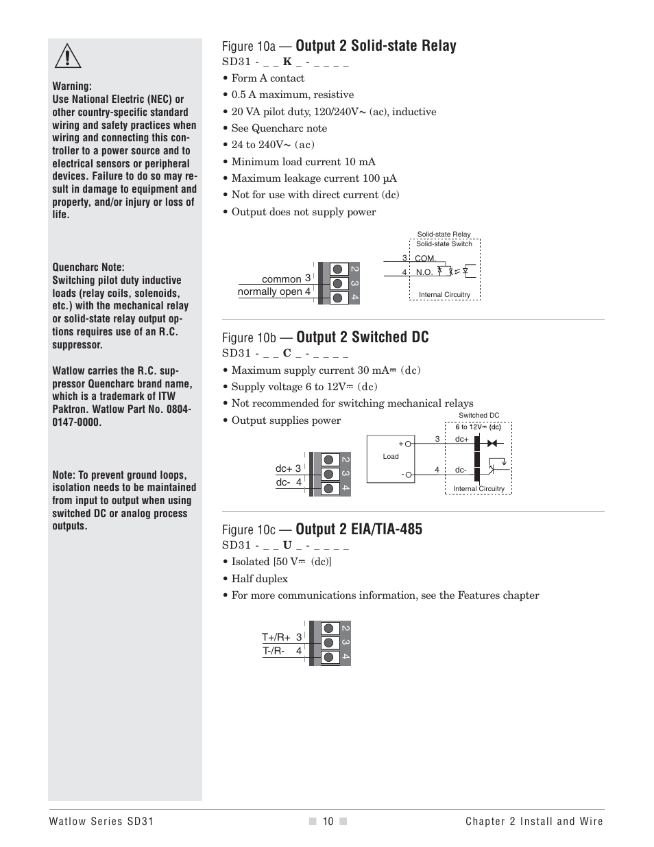 Output 2 solid-state relay, Output 2 switched dc, Output 2 eia/tia-485 | Watlow Series SD31 PID with Optional Countdown Timer User Manual | Page 12 / 72