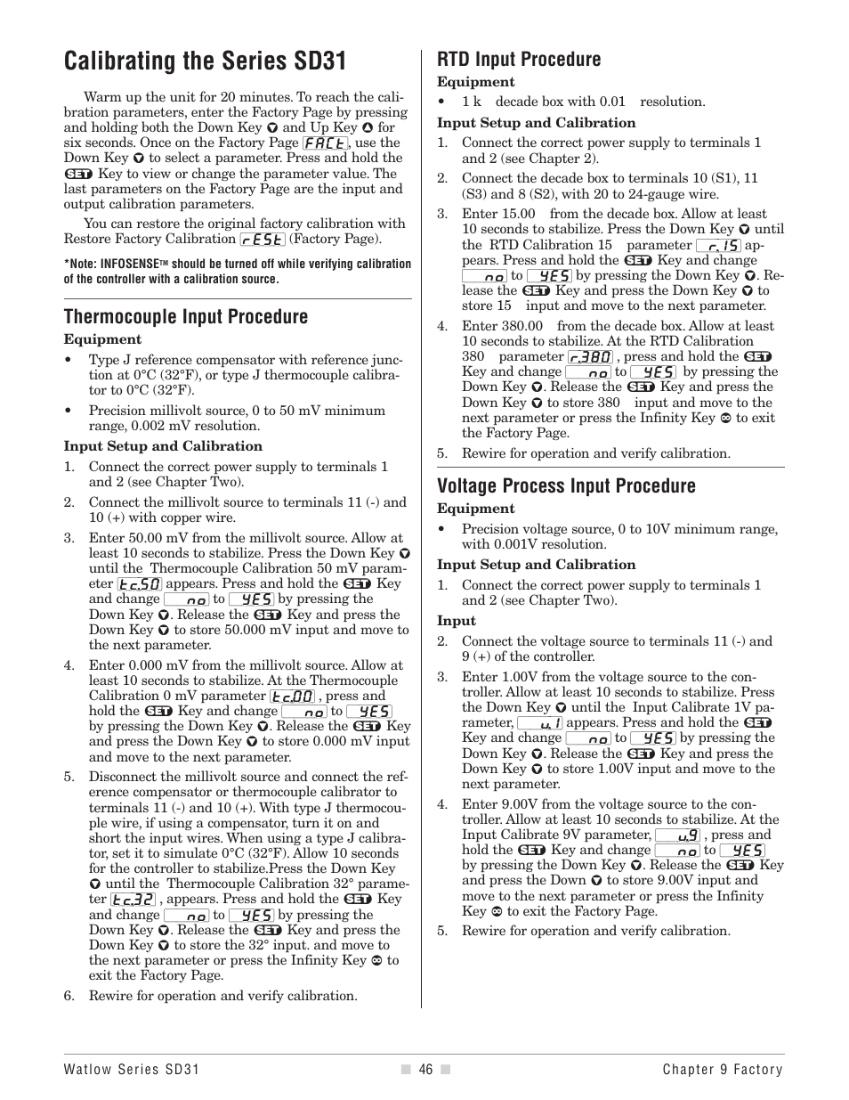 Calibrating the series sd31, Thermocouple input procedure, Rtd input procedure | Voltage process input procedure | Watlow Series SD31 PID with Optional Countdown Timer User Manual | Page 48 / 72
