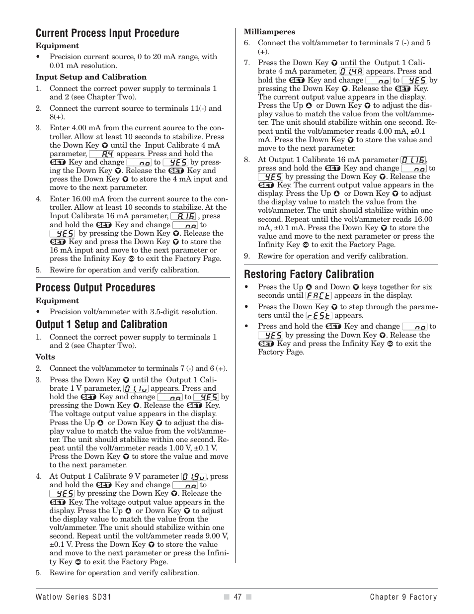 Current process input procedure, Process output procedures, Output 1 setup and calibration | Restoring factory calibration | Watlow Series SD31 PID with Optional Countdown Timer User Manual | Page 49 / 72