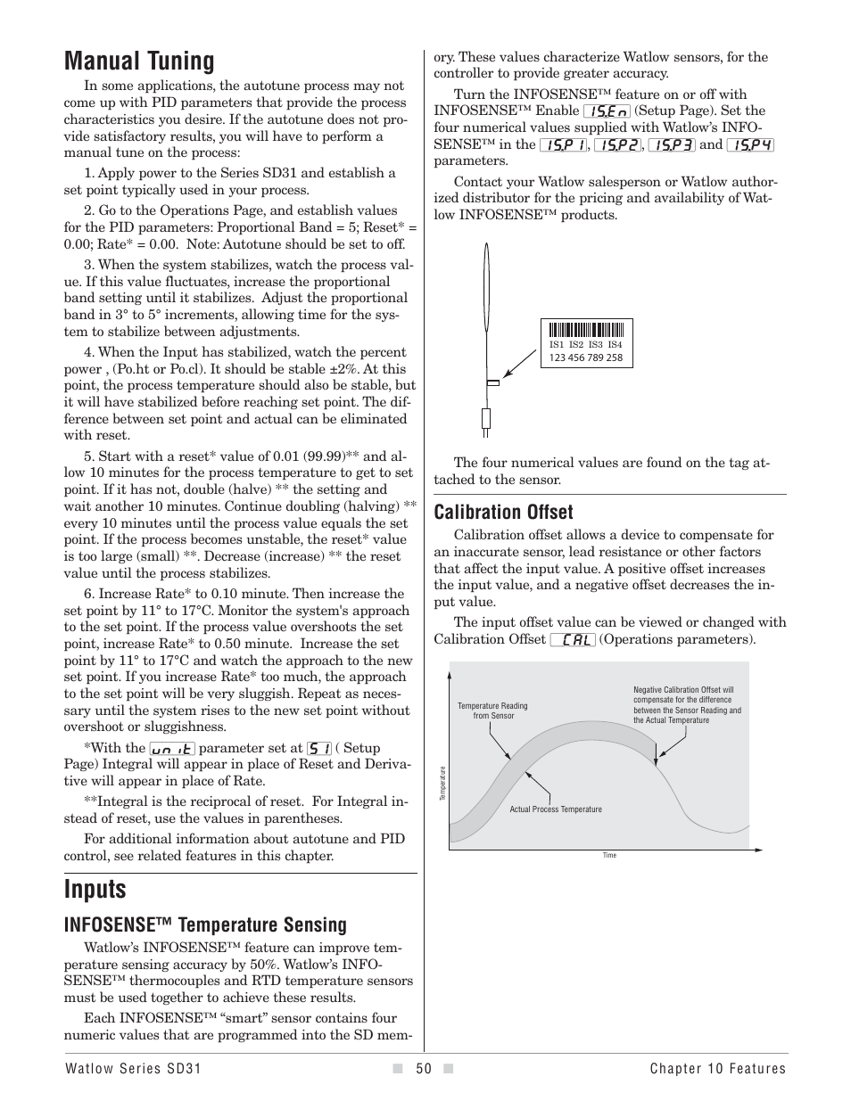 Manual tuning, Inputs, Infosense™ temperature sensing | Calibration offset | Watlow Series SD31 PID with Optional Countdown Timer User Manual | Page 52 / 72
