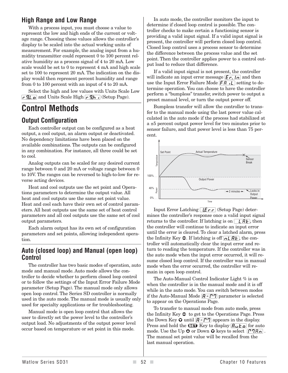 Control methods, High range and low range, Output configuration | Auto (closed loop) and manual (open loop) control | Watlow Series SD31 PID with Optional Countdown Timer User Manual | Page 54 / 72