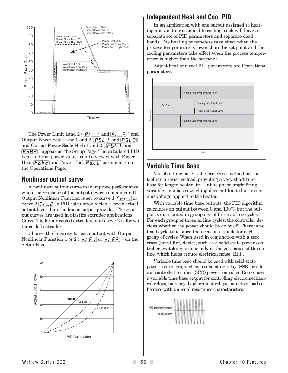 Nonlinear output curve, Independent heat and cool pid, Variable time base | Watlow Series SD31 PID with Optional Countdown Timer User Manual | Page 57 / 72