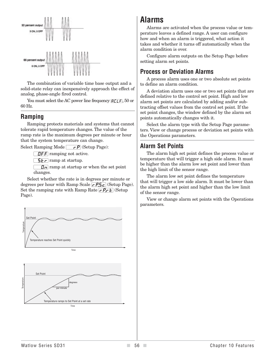 Alarms, Ramping, Process or deviation alarms | Alarm set points | Watlow Series SD31 PID with Optional Countdown Timer User Manual | Page 58 / 72