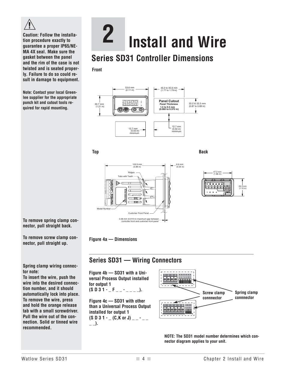 Install and wire, Series sd31 controller dimensions, Series sd31 — wiring connectors | Watlow Series SD31 PID with Optional Countdown Timer User Manual | Page 6 / 72