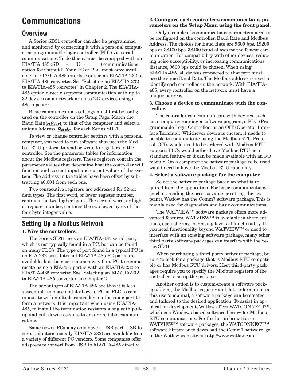 Communications, Overview, Setting up a modbus network | Watlow Series SD31 PID with Optional Countdown Timer User Manual | Page 60 / 72