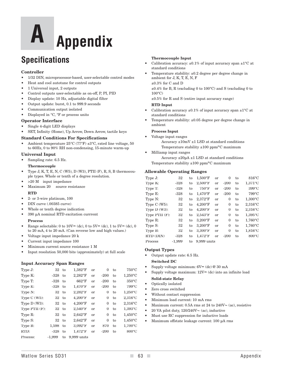 Appendix, Specifications | Watlow Series SD31 PID with Optional Countdown Timer User Manual | Page 65 / 72
