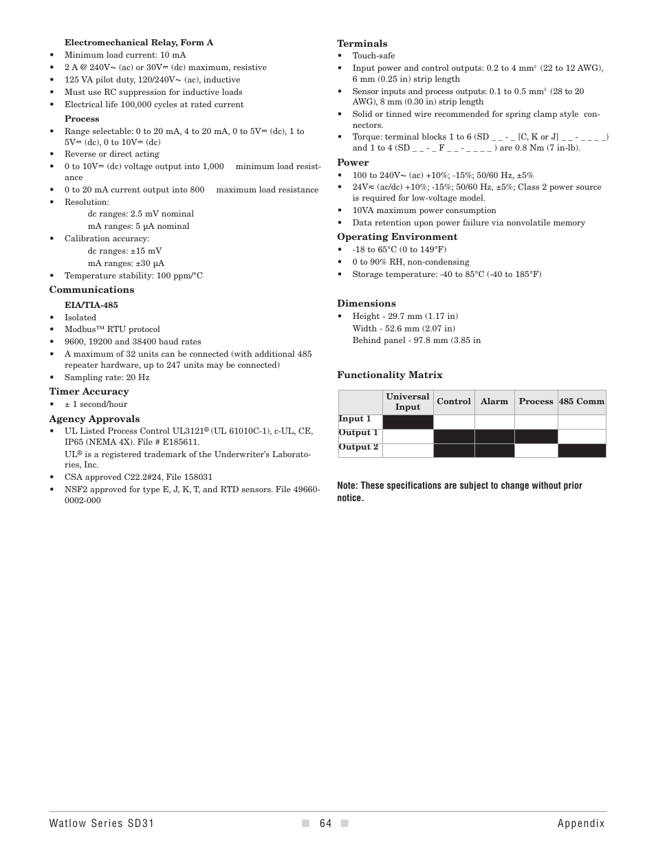 Watlow Series SD31 PID with Optional Countdown Timer User Manual | Page 66 / 72