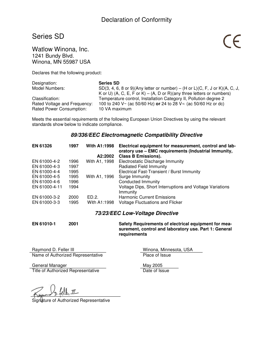 Series sd, Declaration of conformity, Watlow winona, inc | Watlow Series SD31 PID with Optional Countdown Timer User Manual | Page 71 / 72