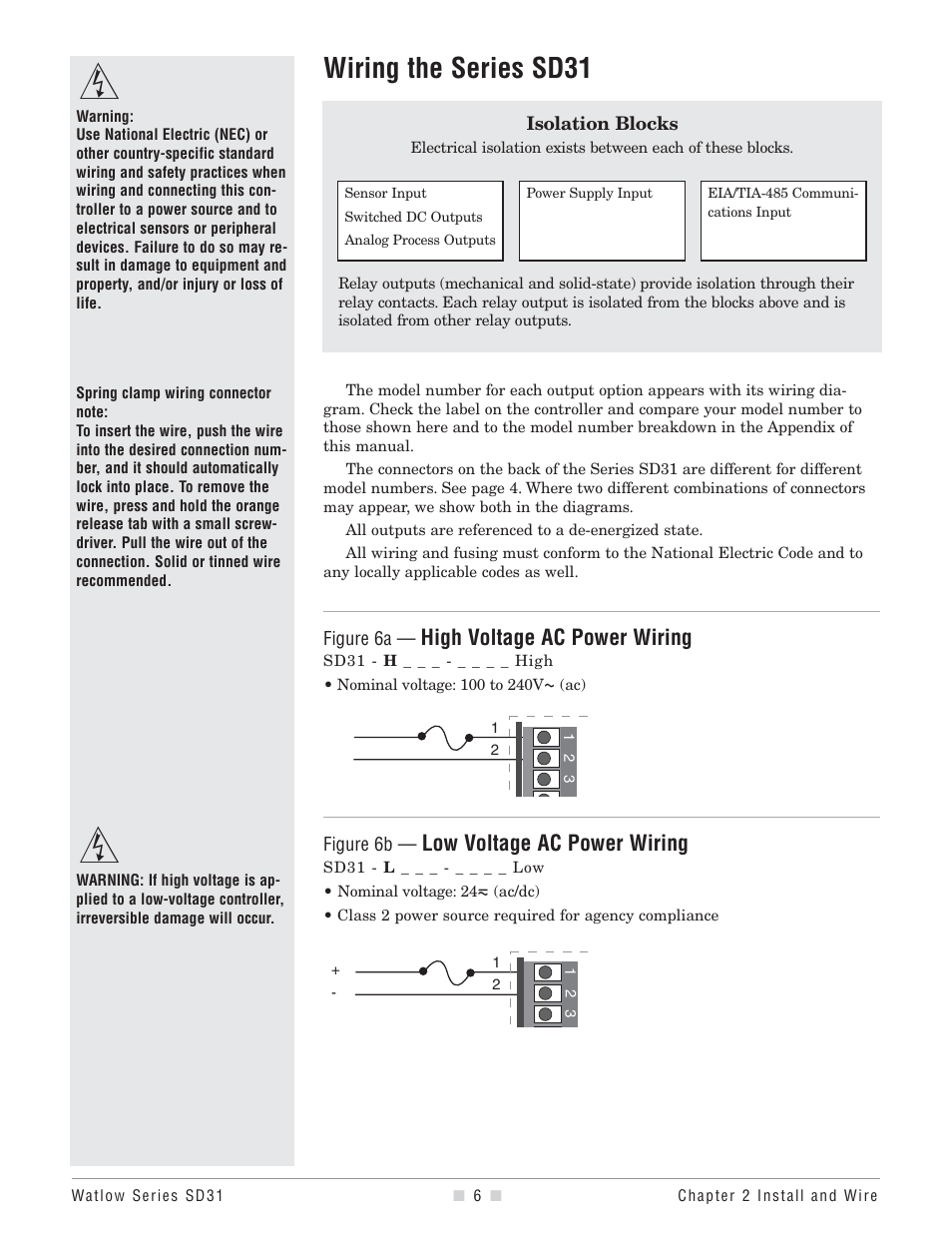 Wiring the series sd31, High voltage ac power wiring, Low voltage ac power wiring | Watlow Series SD31 PID with Optional Countdown Timer User Manual | Page 8 / 72