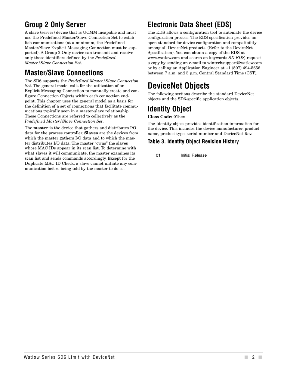 Devicenet objects, Group 2 only server, Master/slave connections | Electronic data sheet (eds), Identity object | Watlow Series SD6 Limit With Devicenet User Manual | Page 2 / 21