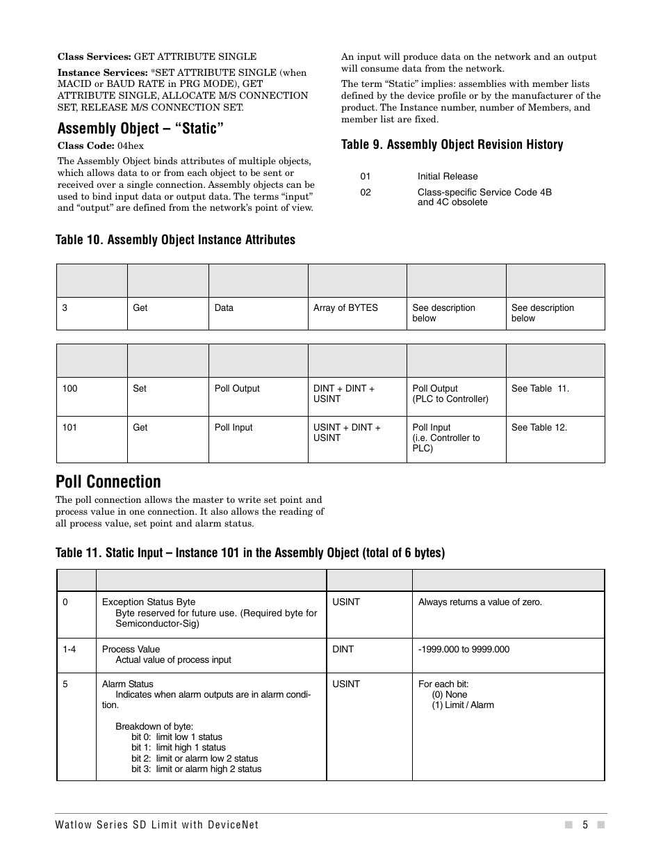 Poll connection, Assembly object – “static, Table 10. assembly object instance attributes | Table 9. assembly object revision history | Watlow Series SD6 Limit With Devicenet User Manual | Page 5 / 21