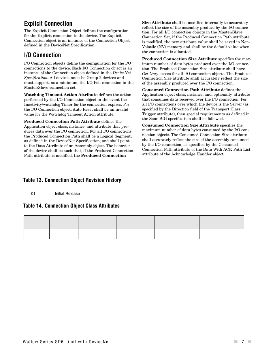 Explicit connection, I/o connection, Table 13. connection object revision history | Table 14. connection object class attributes | Watlow Series SD6 Limit With Devicenet User Manual | Page 7 / 21