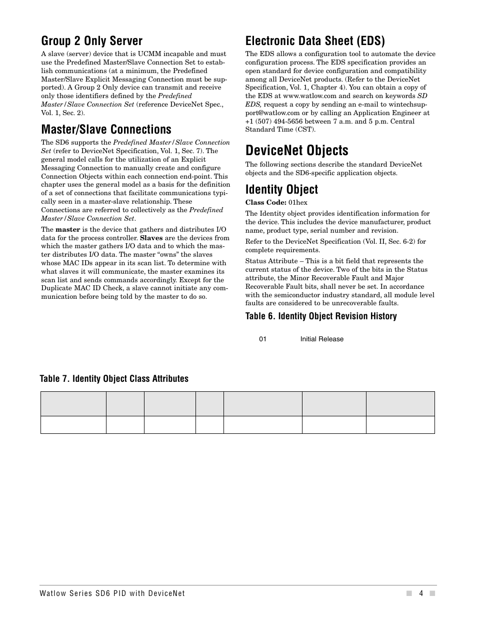 Devicenet objects, Group 2 only server, Master/slave connections | Electronic data sheet (eds), Identity object | Watlow Series SD6 PID Controller with DeviceNet Addendum User Manual | Page 4 / 32