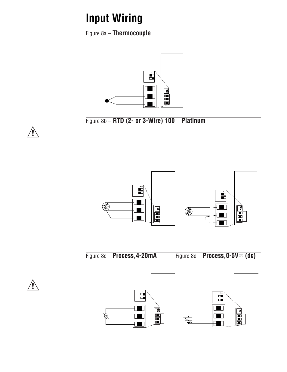 Input wiring, Thermocouple, Process,4-20ma | Process,0-5v î (dc), V dc, I dc, Figure 8a, Figure 8b, Figure 8c, Figure 8d | Watlow Series V4 User Manual | Page 8 / 21