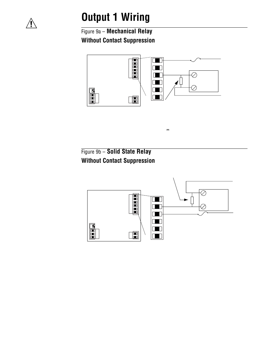 Output 1 wiring, Mechanical relay without contact suppression, Solid state relay without contact suppression | Figure 9a, Figure 9b | Watlow Series V4 User Manual | Page 9 / 21