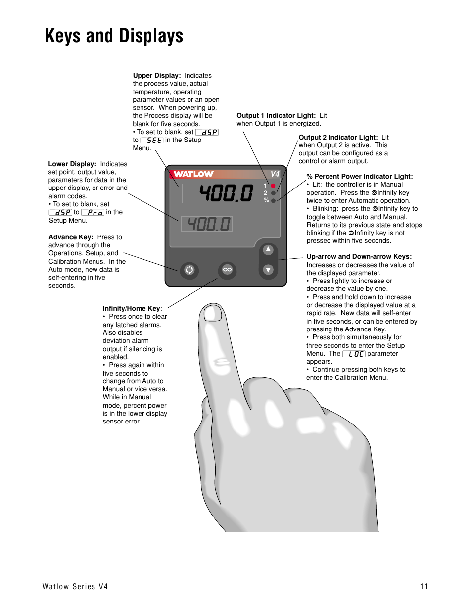 Keys and displays | Watlow Series V4T User Manual | Page 11 / 26