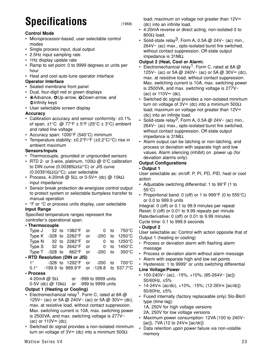 Specifications | Watlow Series V4T User Manual | Page 23 / 26