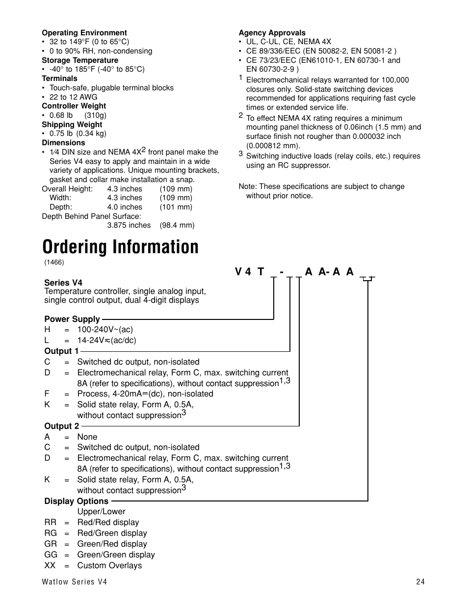 Ordering information, V 4 t _ - _ _ a a- a a | Watlow Series V4T User Manual | Page 24 / 26