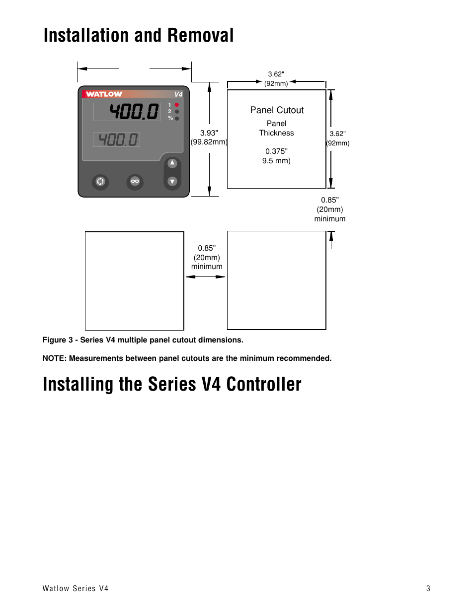 Installation and removal, Installing the series v4 controller | Watlow Series V4T User Manual | Page 3 / 26