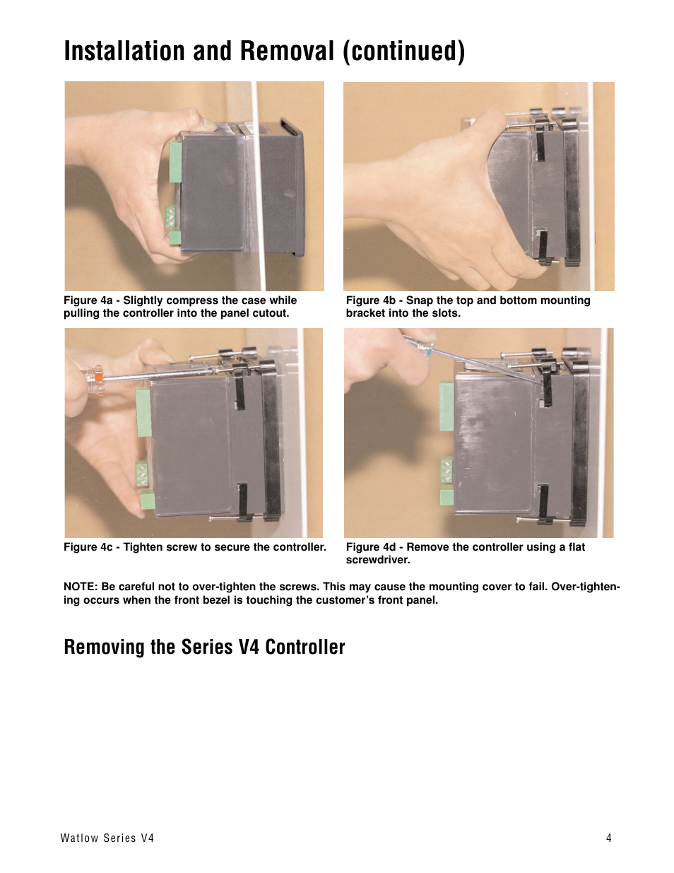 Removing the series v4 controller, Installation and removal (continued) | Watlow Series V4T User Manual | Page 4 / 26