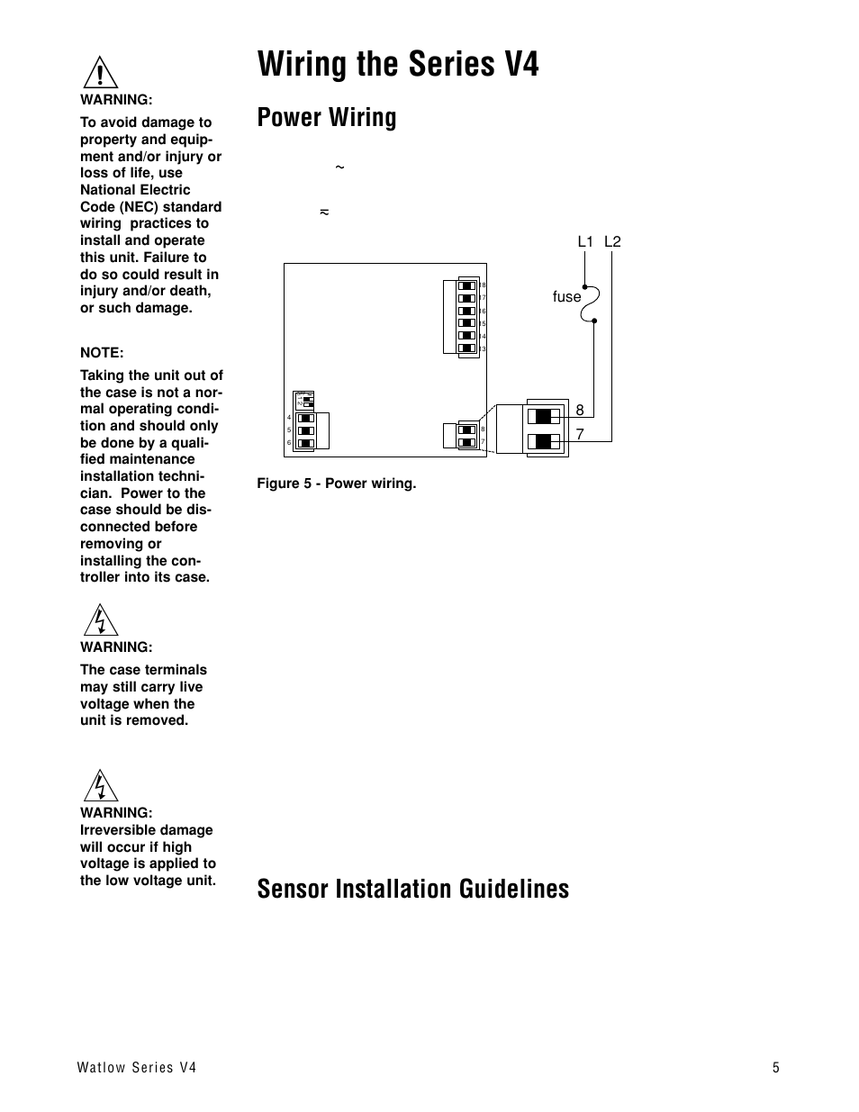 Wiring the series v4, Power wiring, Sensor installation guidelines | Watlow Series V4T User Manual | Page 5 / 26