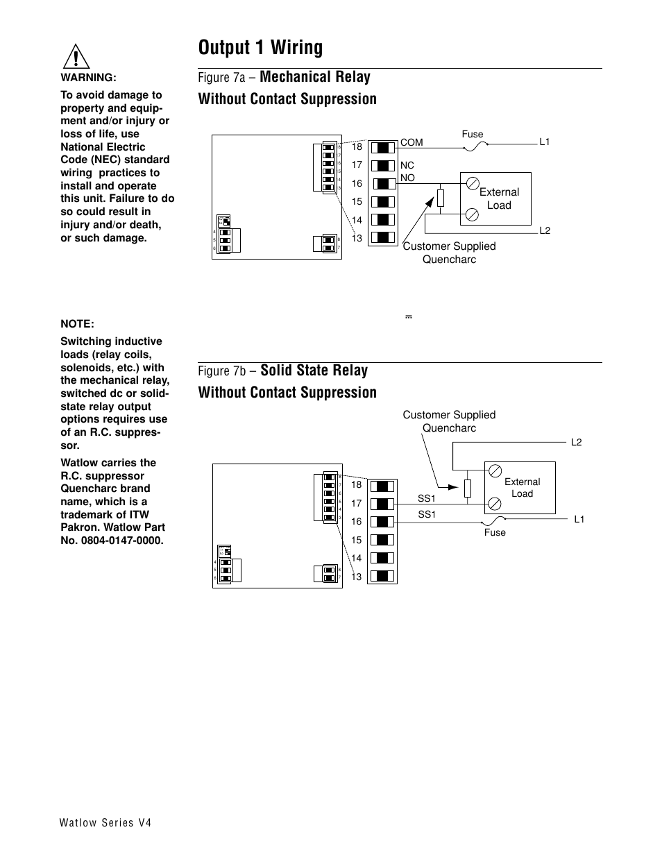 Output 1 wiring, Mechanical relay, Solid state relay | Mechanical relay without contact suppression, Solid state relay without contact suppression, Figure 7a, Figure 7b | Watlow Series V4T User Manual | Page 7 / 26