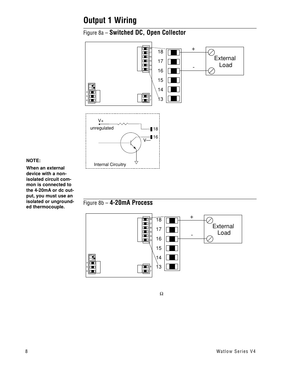 Switched dc, open collector, 20ma process, Output 1 wiring | External load, Figure 8a, Figure 8b | Watlow Series V4T User Manual | Page 8 / 26
