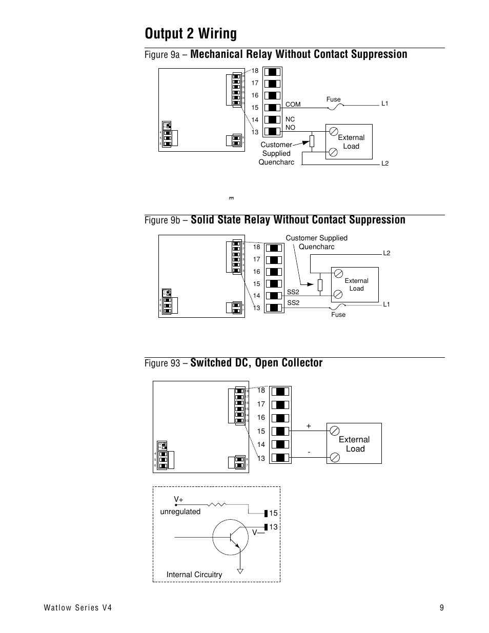Output 2 wiring, Solid state relay, Switched dc, open collector | Mechanical relay without contact suppression, Solid state relay without contact suppression, Figure 9a, Figure 9b, Figure 93, V4t _ - _ k amps (ac loads only), V4t _ - _ c | Watlow Series V4T User Manual | Page 9 / 26