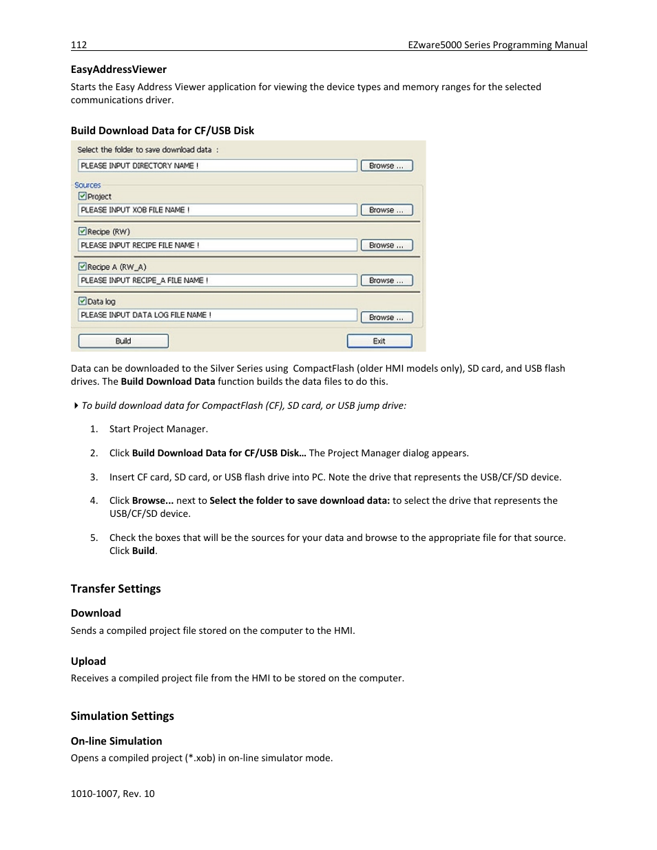 Easyaddressviewer, Build download data for cf/usb disk, Transfer settings | Download, Upload, Simulation settings, On-line simulation | Watlow Silver Series User Manual | Page 120 / 204