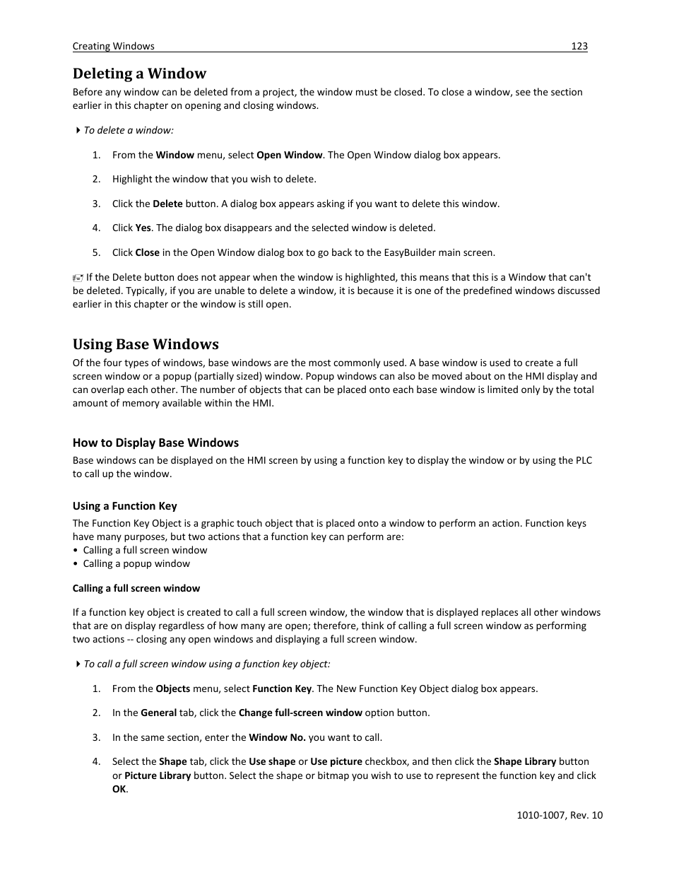 Deleting a window, Using base windows, How to display base windows | Using a function key | Watlow Silver Series User Manual | Page 131 / 204