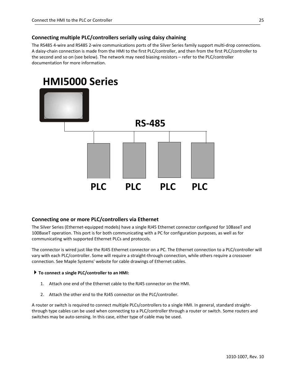 Connecting multiple plc/controllers serially using, Daisy chaining, Hmi5000 series | Rs-485, Plc plc plc | Watlow Silver Series User Manual | Page 33 / 204